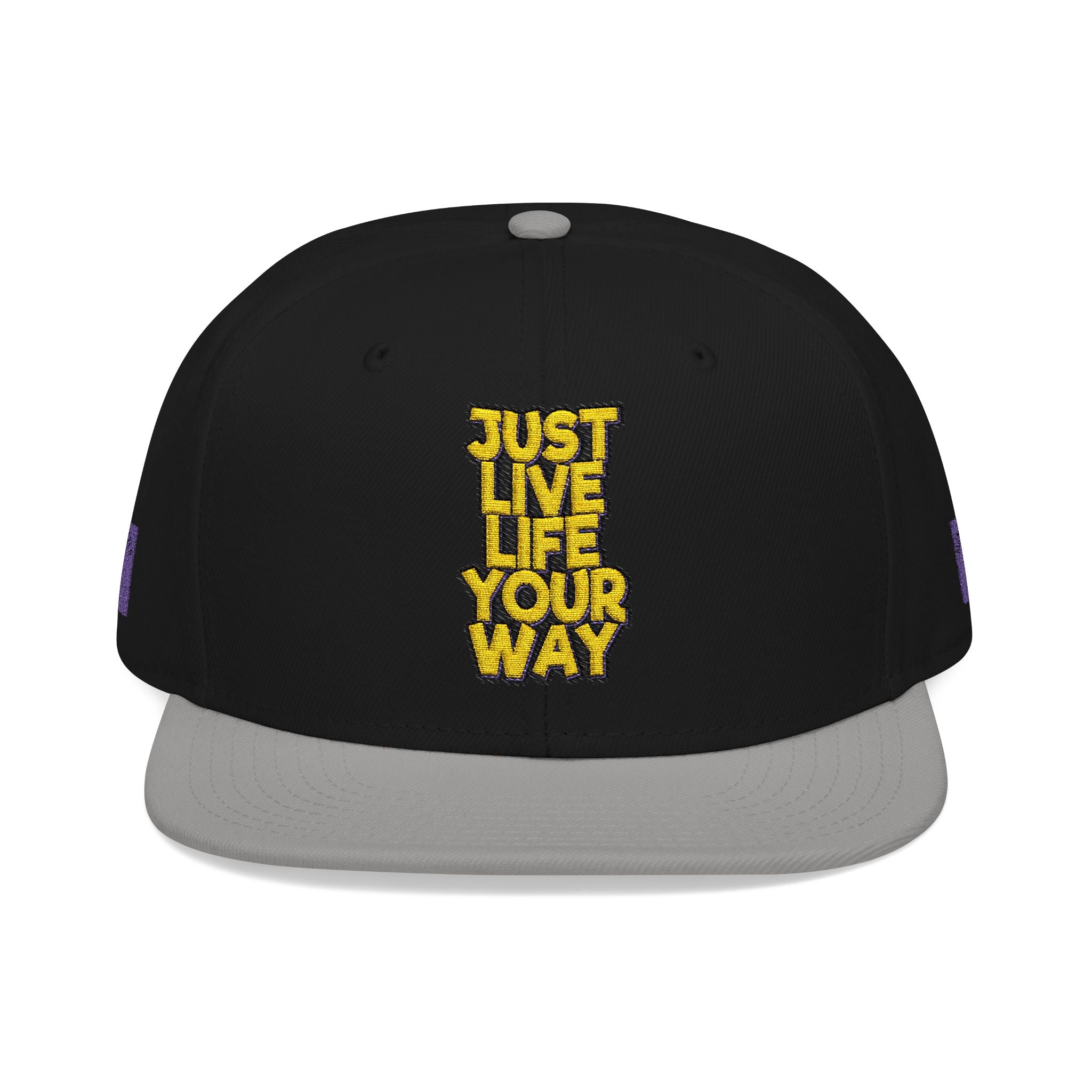 Embroidered Snapback Hat — Bold Yellow 'N' Floral Patch, Purple Side Accent
