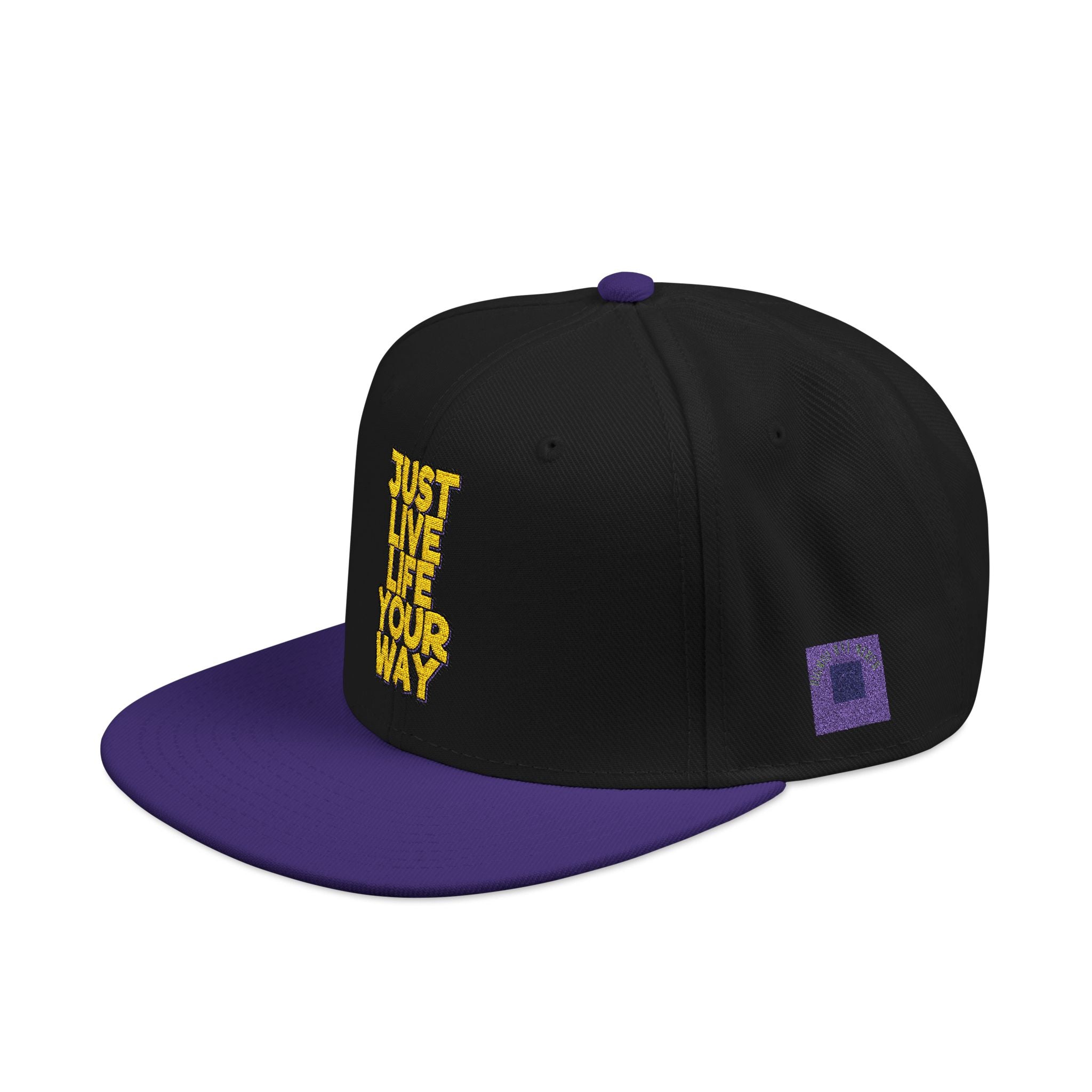 Embroidered Snapback Hat — Bold Yellow 'N' Floral Patch, Purple Side Accent