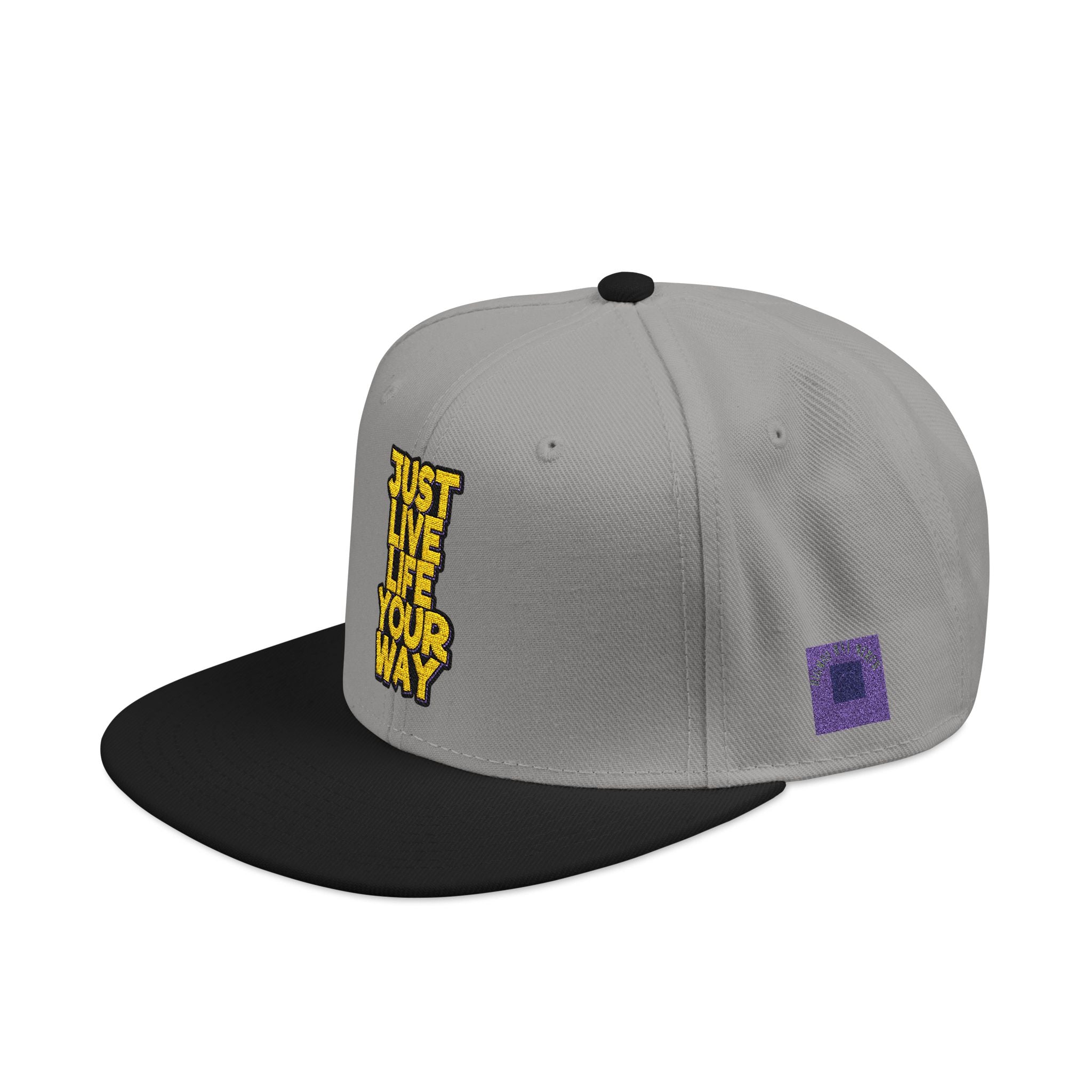 Embroidered Snapback Hat — Bold Yellow 'N' Floral Patch, Purple Side Accent
