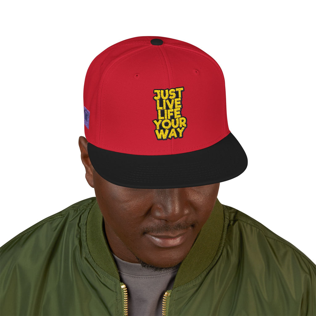 Embroidered Snapback Hat — Bold Yellow 'N' Floral Patch, Purple Side Accent