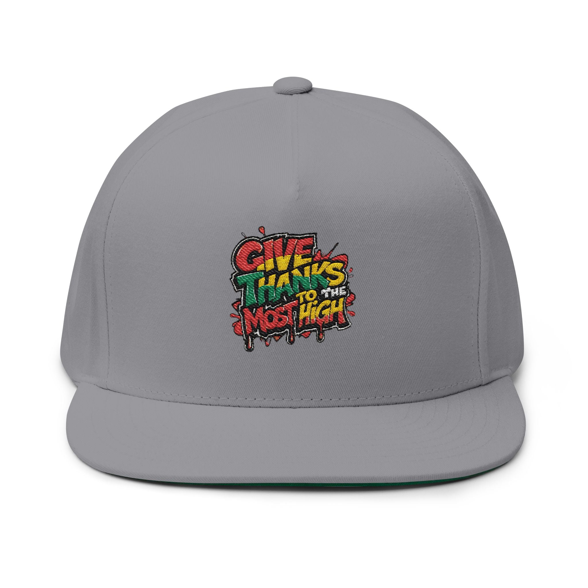 Flat Bill Cap — Colorful Graffiti “Give Thanks to the Most High” Embroidered Snapback