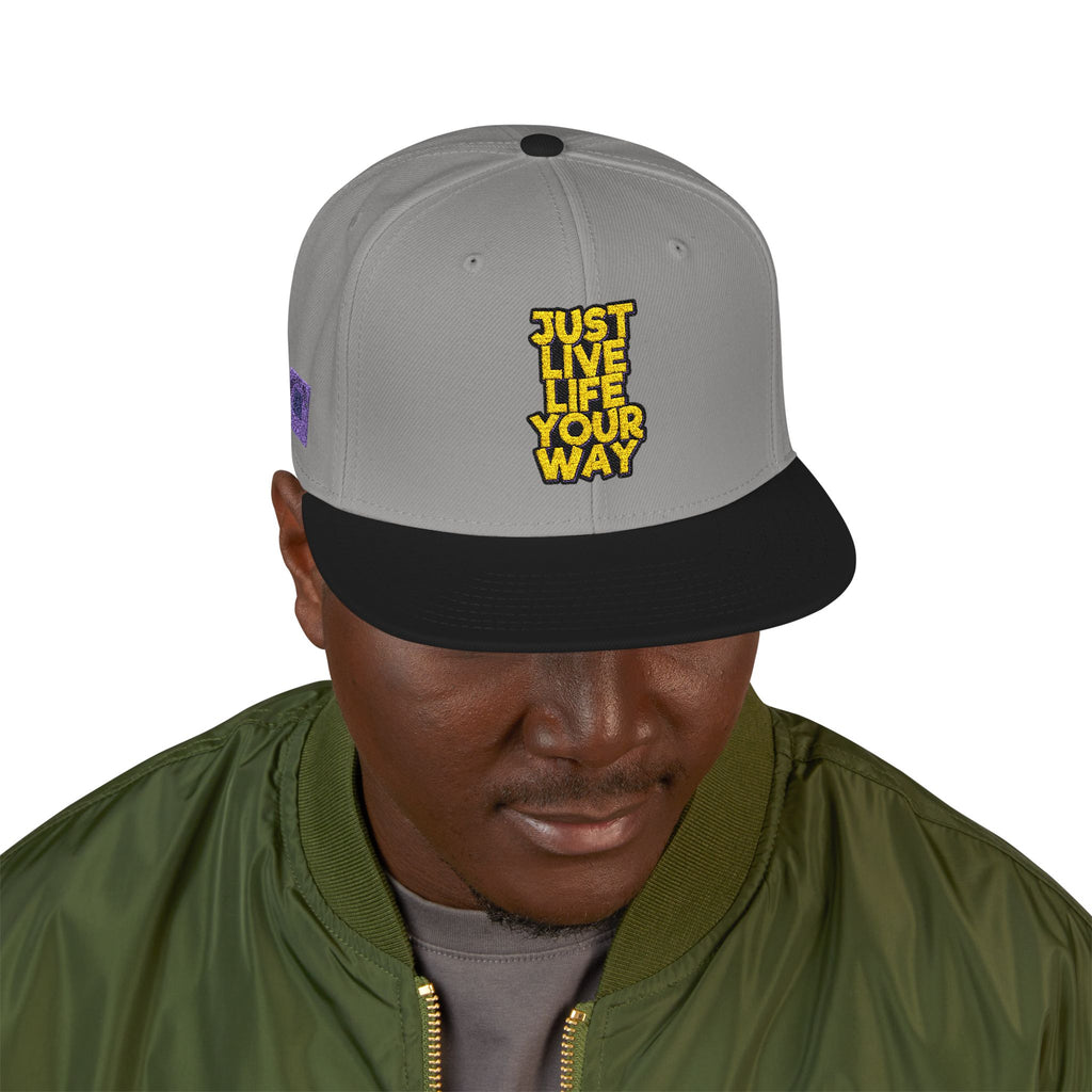 Embroidered Snapback Hat — Bold Yellow 'N' Floral Patch, Purple Side Accent
