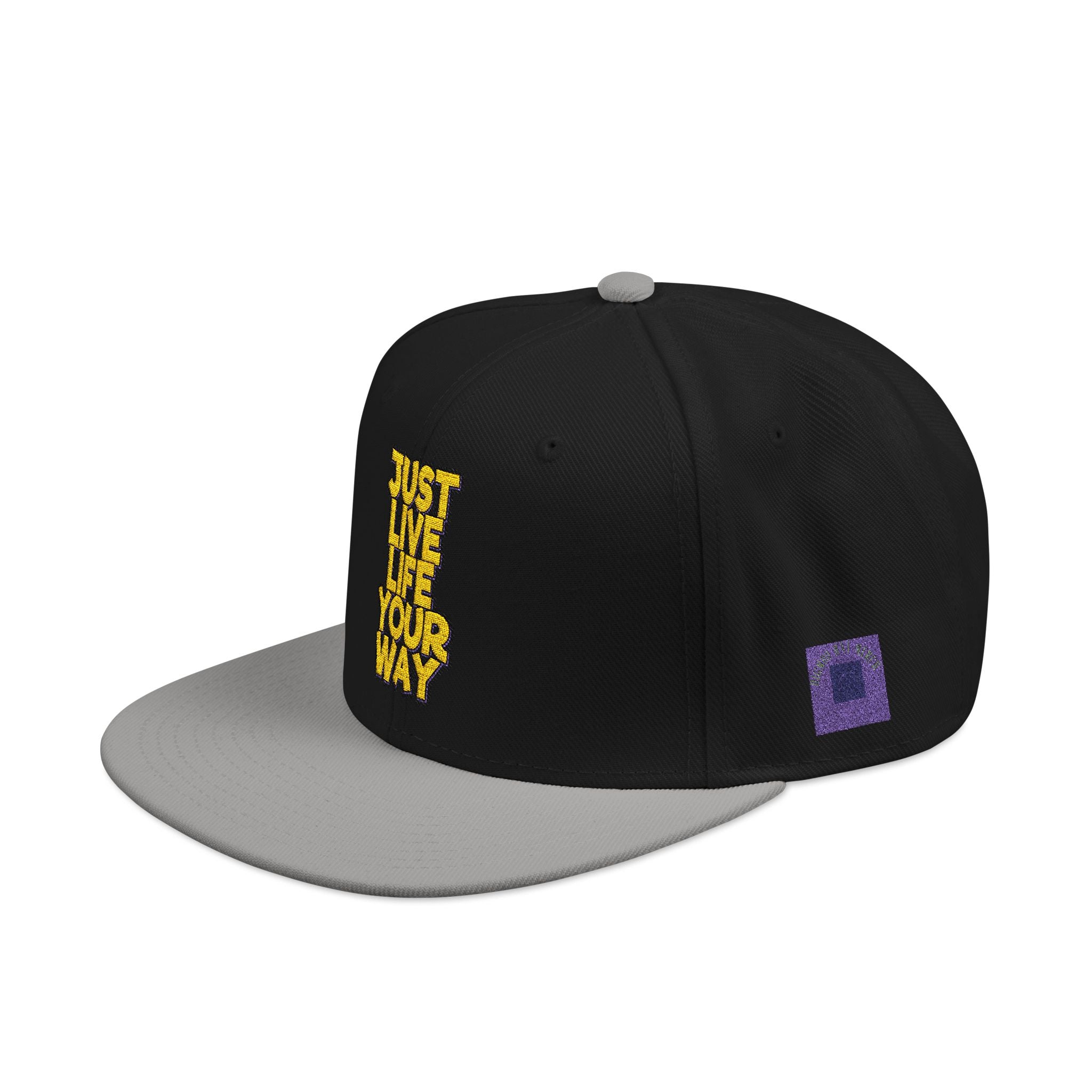 Embroidered Snapback Hat — Bold Yellow 'N' Floral Patch, Purple Side Accent