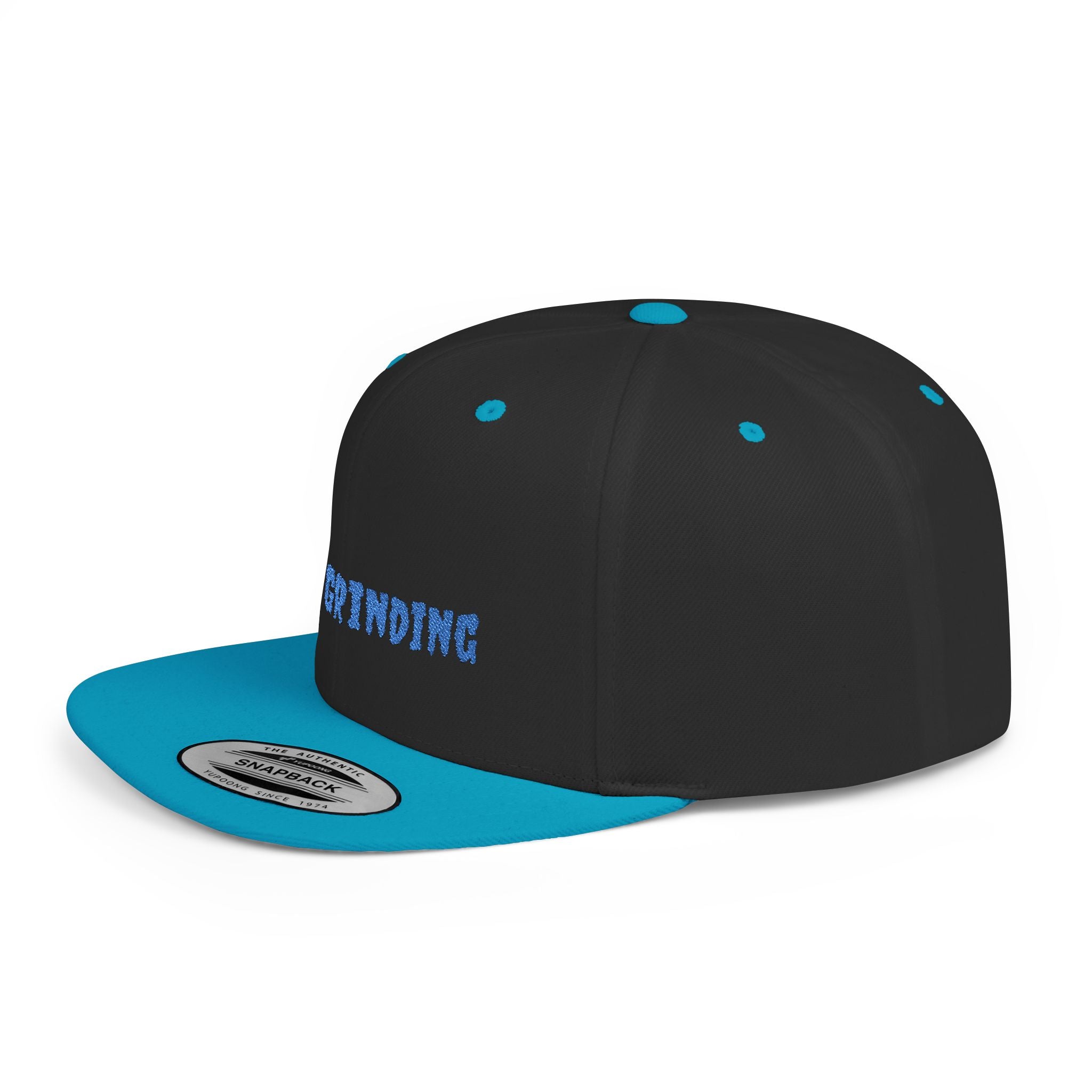 Flat Bill Snapback Cap — Blue Glitch Text Streetwear Hat