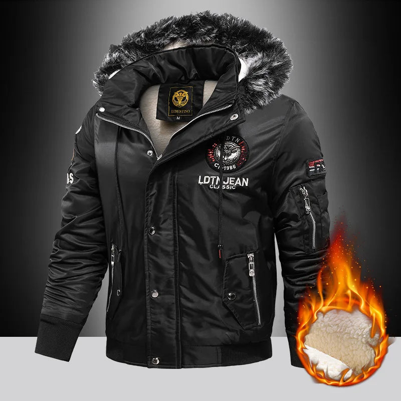 Men's Casual Hooded Parker Coat Winter Warm with Removable Fur Hood Fleece Lined Embroidered Windproof For Cold Weather