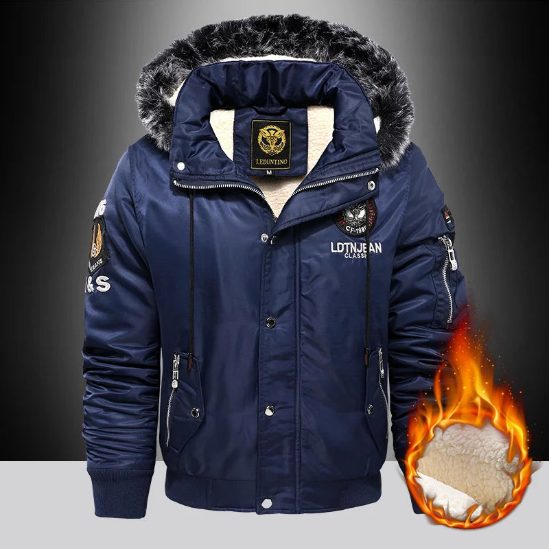 Men's Casual Hooded Parker Coat Winter Warm with Removable Fur Hood Fleece Lined Embroidered Windproof For Cold Weather
