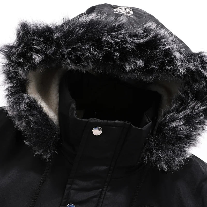 Men's Casual Hooded Parker Coat Winter Warm with Removable Fur Hood Fleece Lined Embroidered Windproof For Cold Weather
