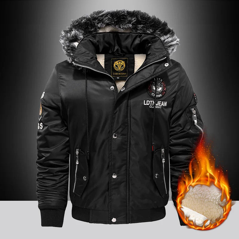 Men's Casual Hooded Parker Coat Winter Warm with Removable Fur Hood Fleece Lined Embroidered Windproof For Cold Weather